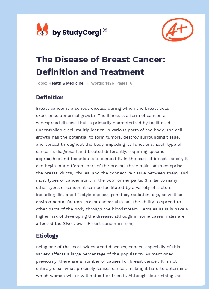 The Disease of Breast Cancer: Definition and Treatment. Page 1