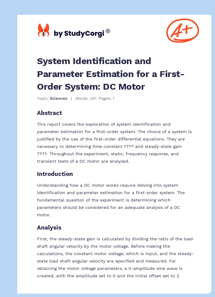 System Identification and Parameter Estimation for a First-Order System: DC Motor. Page 1