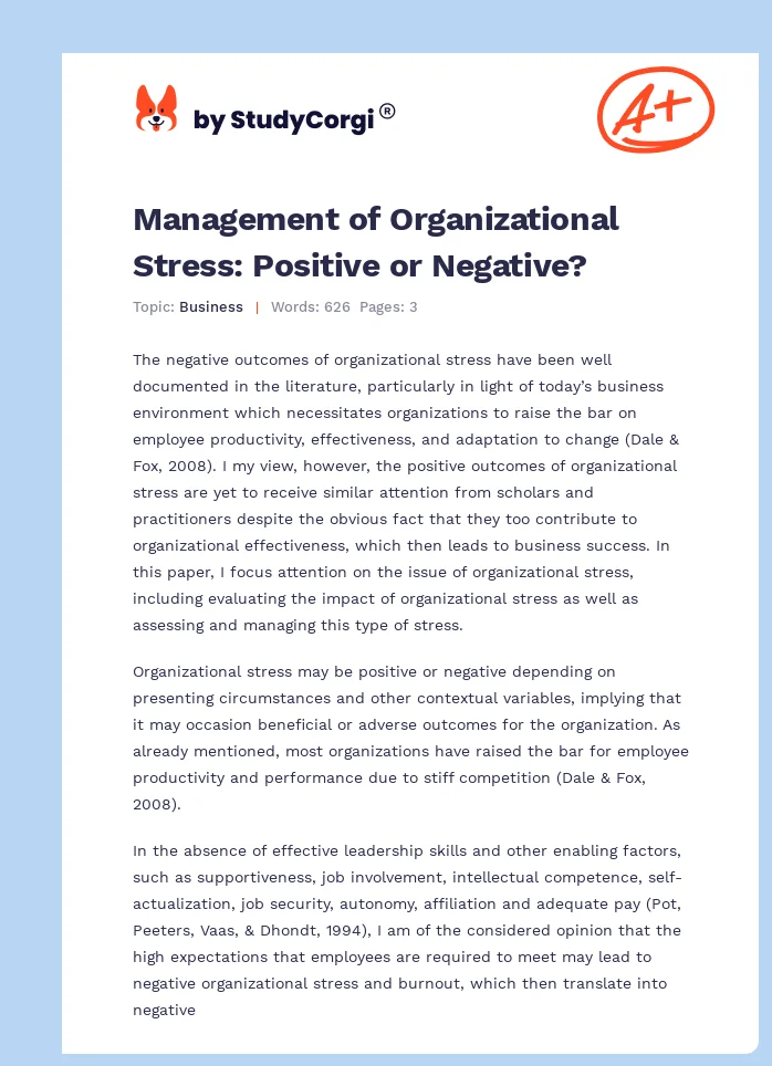 Management of Organizational Stress: Positive or Negative?. Page 1