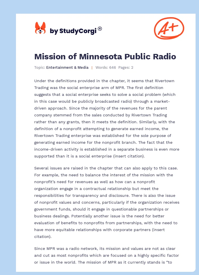 Mission of Minnesota Public Radio. Page 1