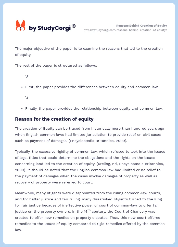 Reasons Behind Creation of Equity. Page 2
