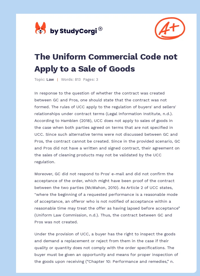 The Uniform Commercial Code not Apply to a Sale of Goods. Page 1