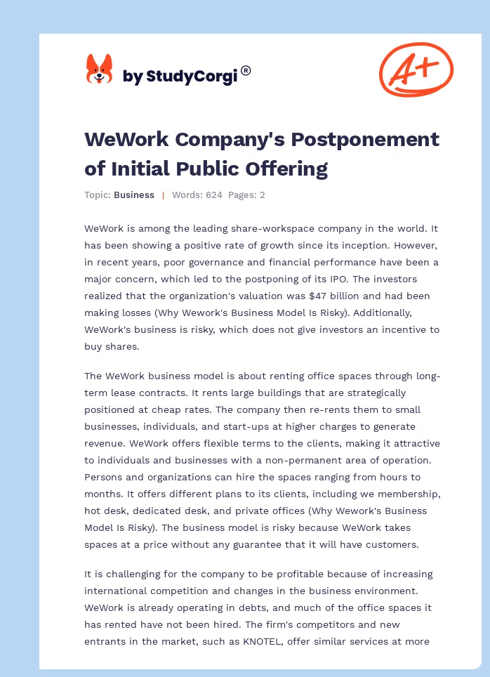 WeWork Company's Postponement of Initial Public Offering. Page 1
