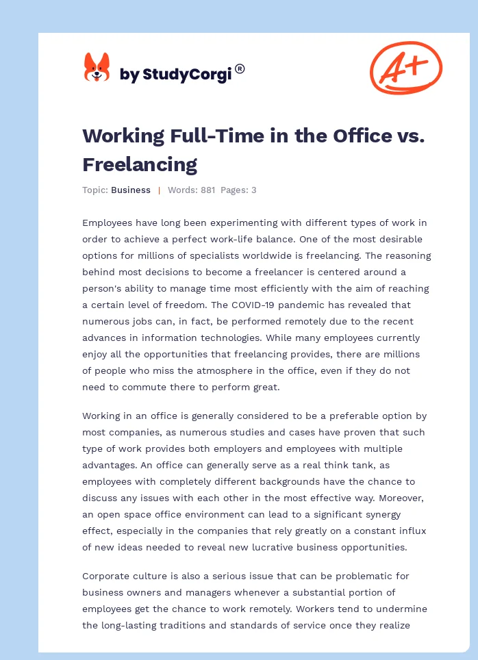 Working Full-Time in the Office vs. Freelancing. Page 1