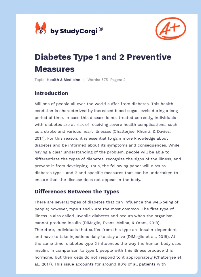 Diabetes Type 1 and 2 Preventive Measures. Page 1