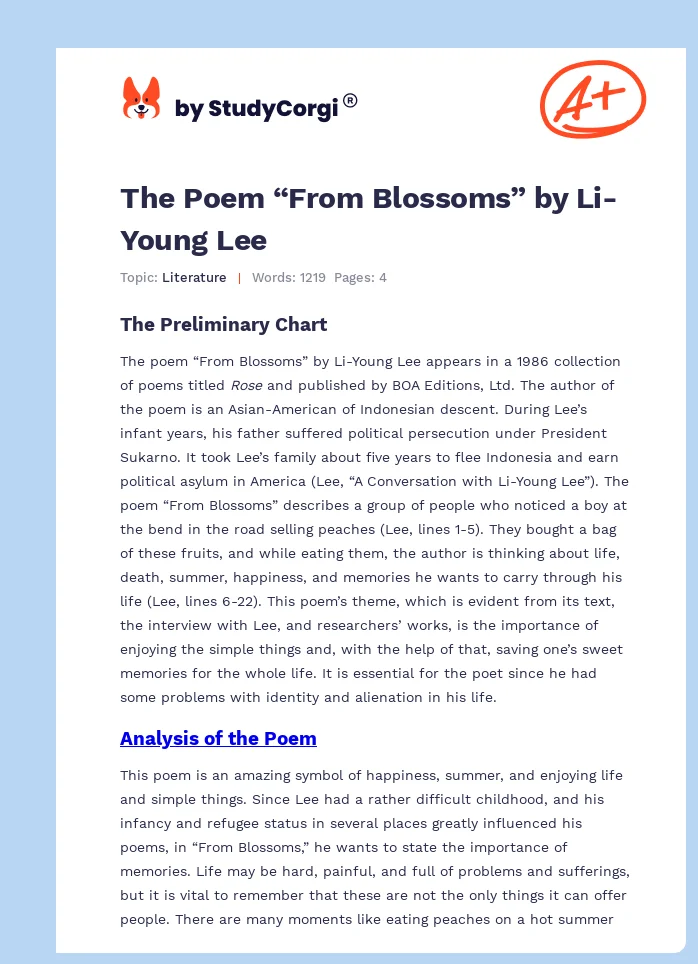 The Poem “From Blossoms” by Li-Young Lee. Page 1