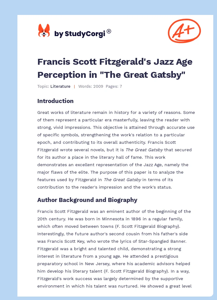 Francis Scott Fitzgerald's Jazz Age Perception in "The Great Gatsby". Page 1