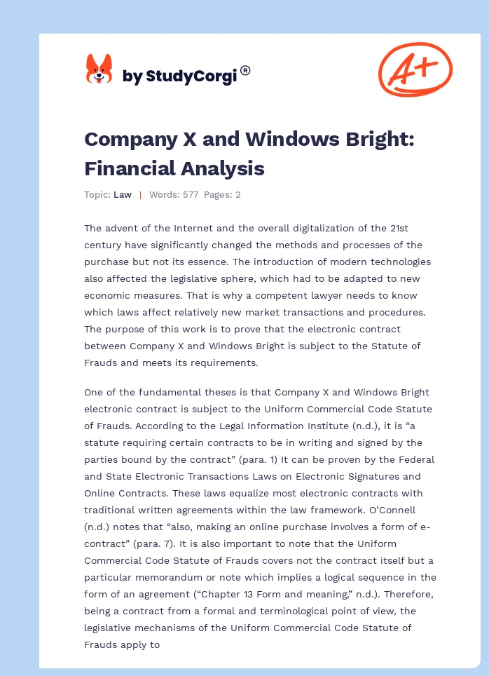 Company X and Windows Bright: Financial Analysis. Page 1