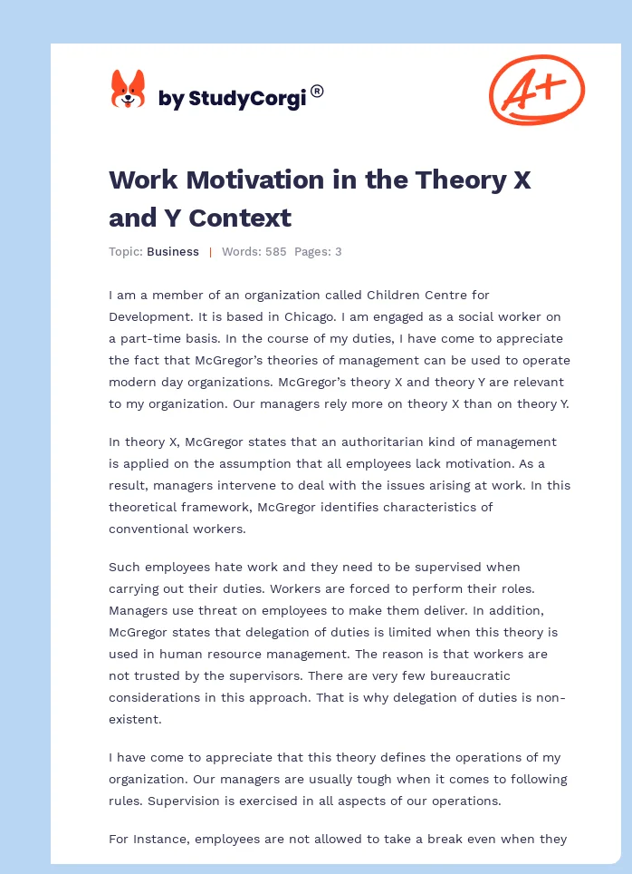 Work Motivation in the Theory X and Y Context. Page 1
