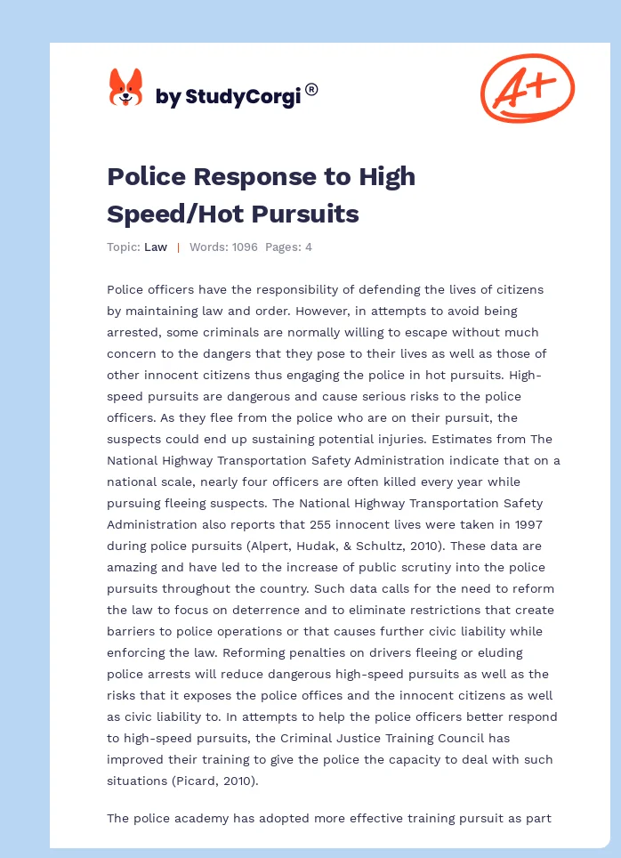 Police Response to High Speed/Hot Pursuits. Page 1