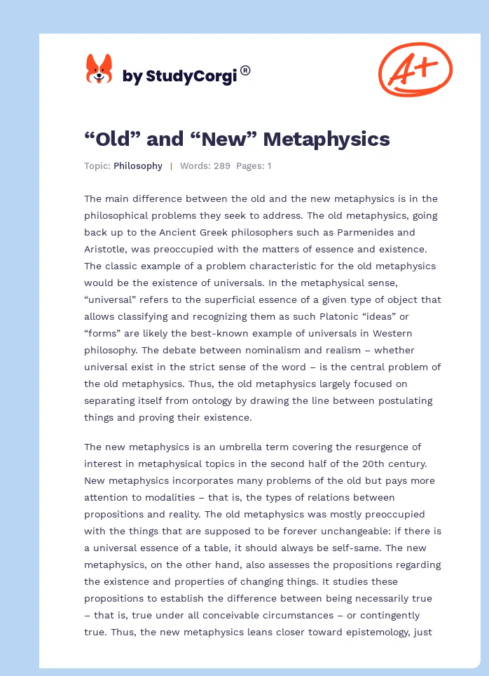 “Old” and “New” Metaphysics. Page 1