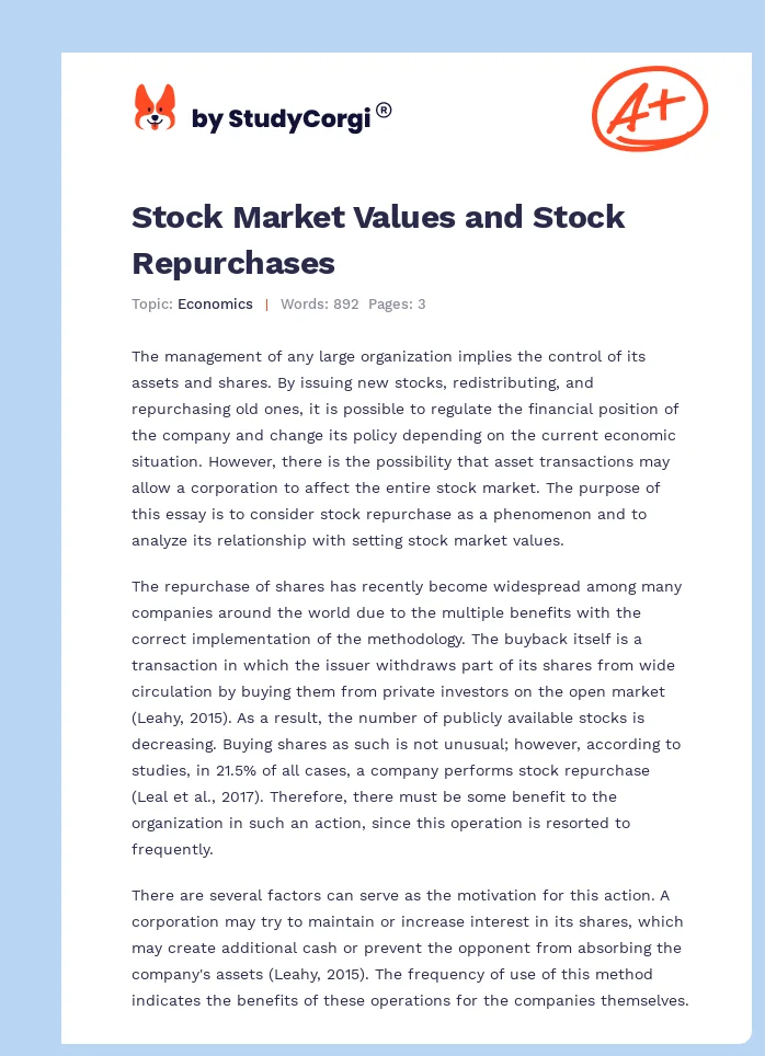 Stock Market Values and Stock Repurchases. Page 1