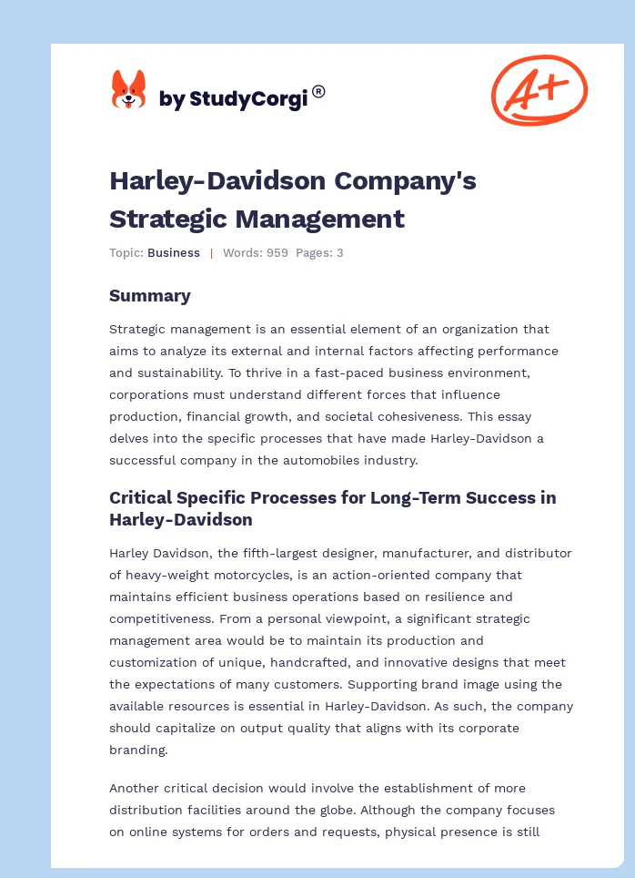 Harley-Davidson Company's Strategic Management. Page 1