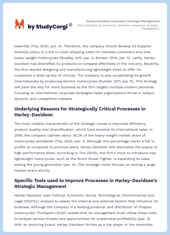 Harley-Davidson Company's Strategic Management. Page 2