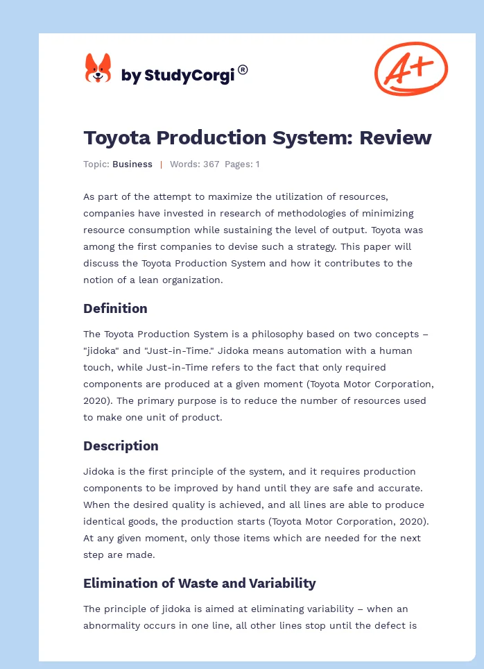 Toyota Production System: Review. Page 1