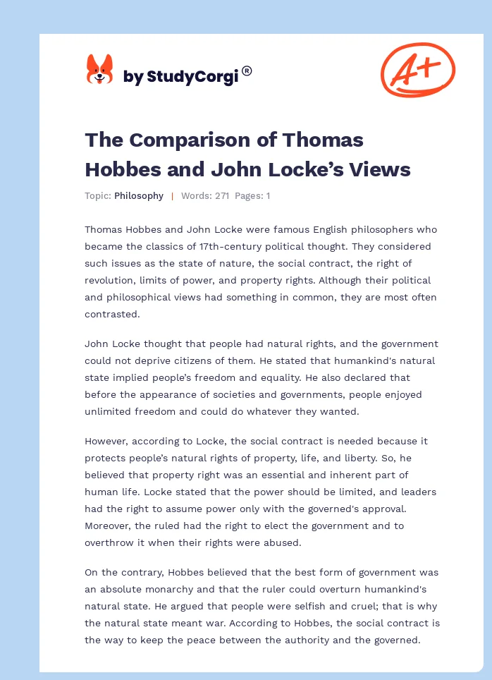 The Comparison of Thomas Hobbes and John Locke’s Views. Page 1