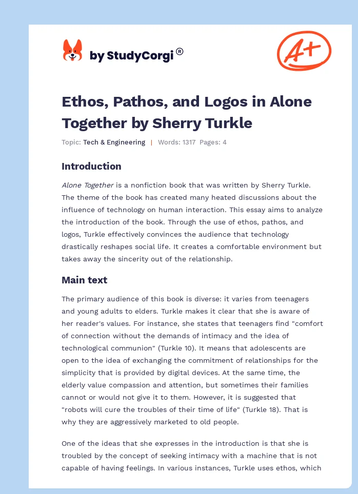 Ethos, Pathos, and Logos in Alone Together by Sherry Turkle. Page 1