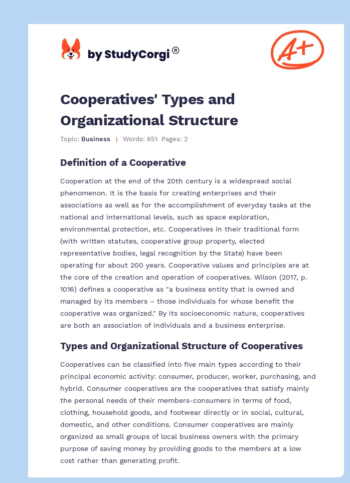 Cooperatives' Types and Organizational Structure. Page 1