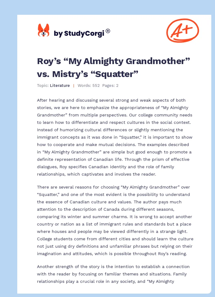 Roy’s “My Almighty Grandmother” vs. Mistry’s “Squatter”. Page 1