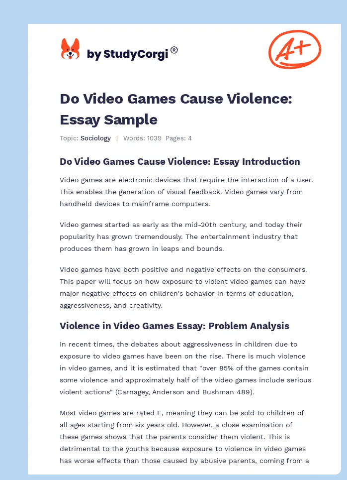 Do Video Games Cause Violence: Essay Sample. Page 1