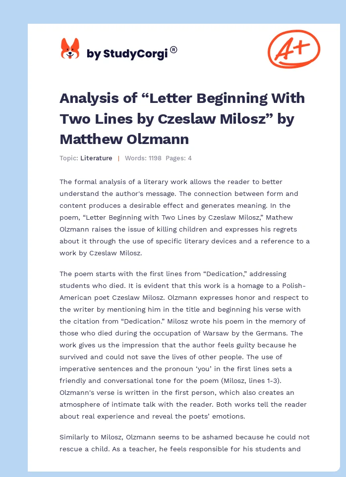 Analysis of “Letter Beginning With Two Lines by Czeslaw Milosz” by Matthew Olzmann. Page 1