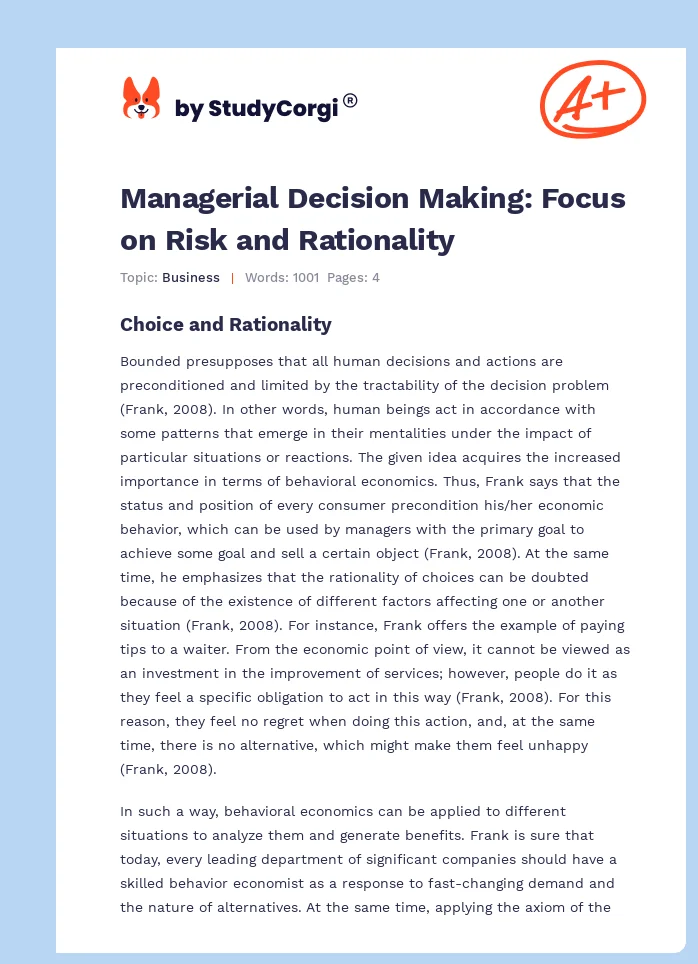 Managerial Decision Making: Focus on Risk and Rationality. Page 1
