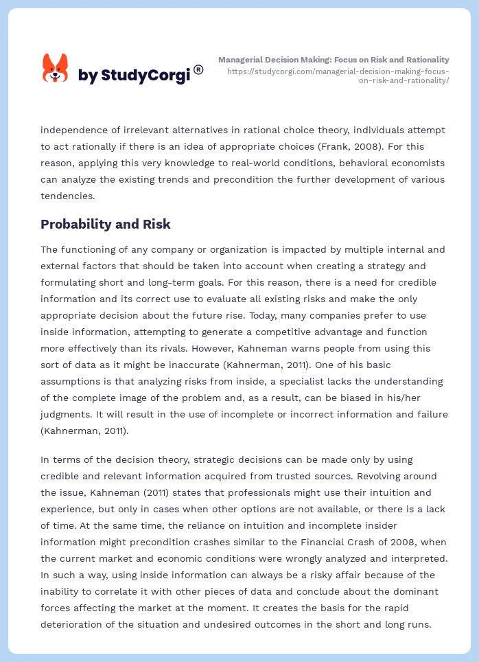 Managerial Decision Making: Focus on Risk and Rationality. Page 2