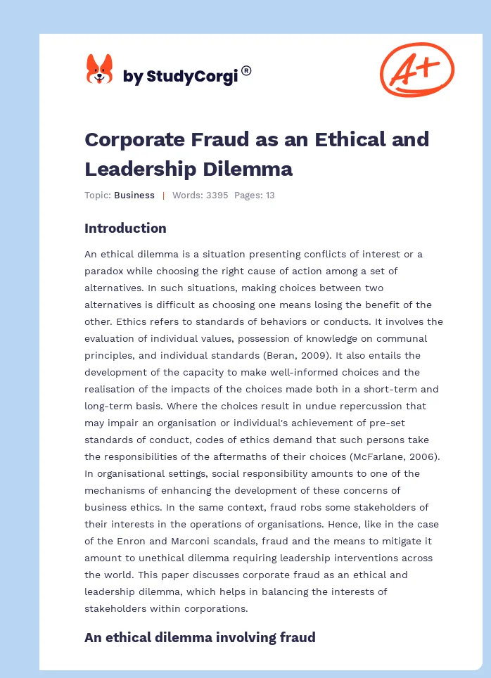 Corporate Fraud as an Ethical and Leadership Dilemma. Page 1
