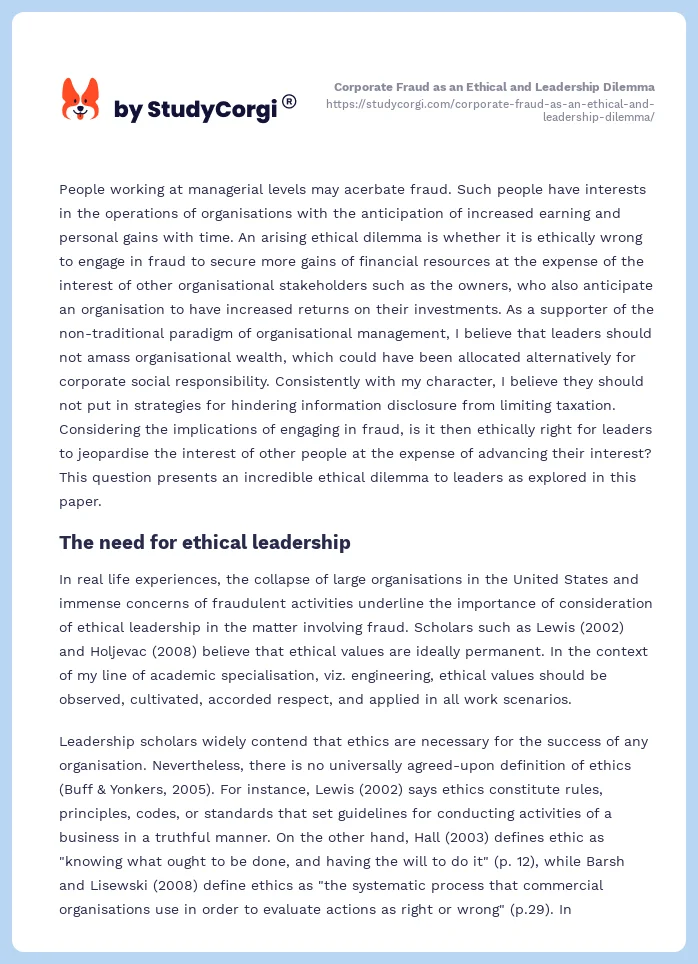 Corporate Fraud as an Ethical and Leadership Dilemma. Page 2