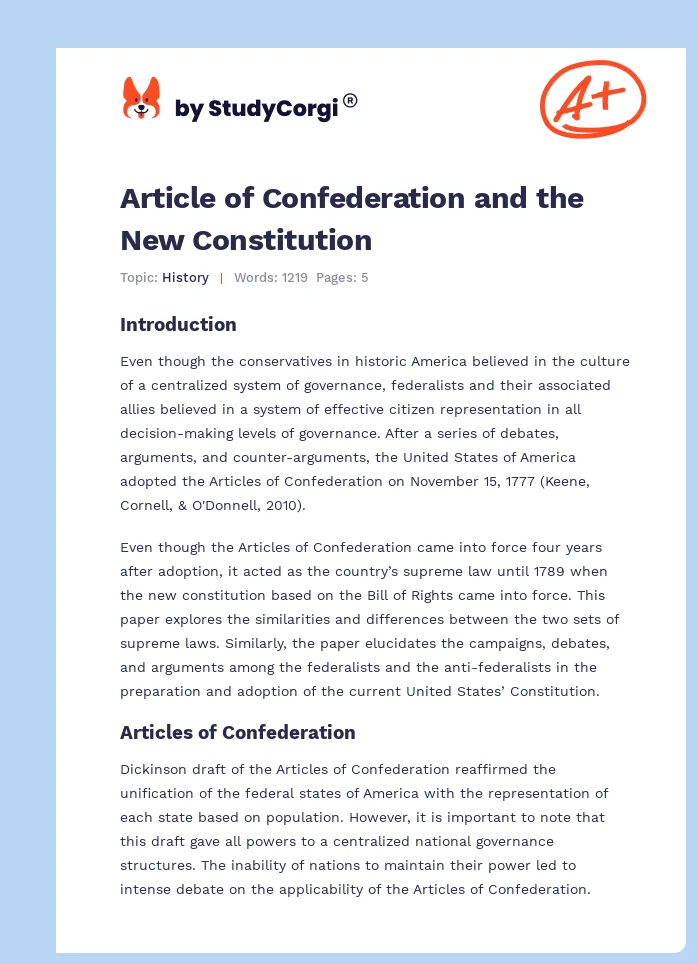 Article of Confederation and the New Constitution. Page 1