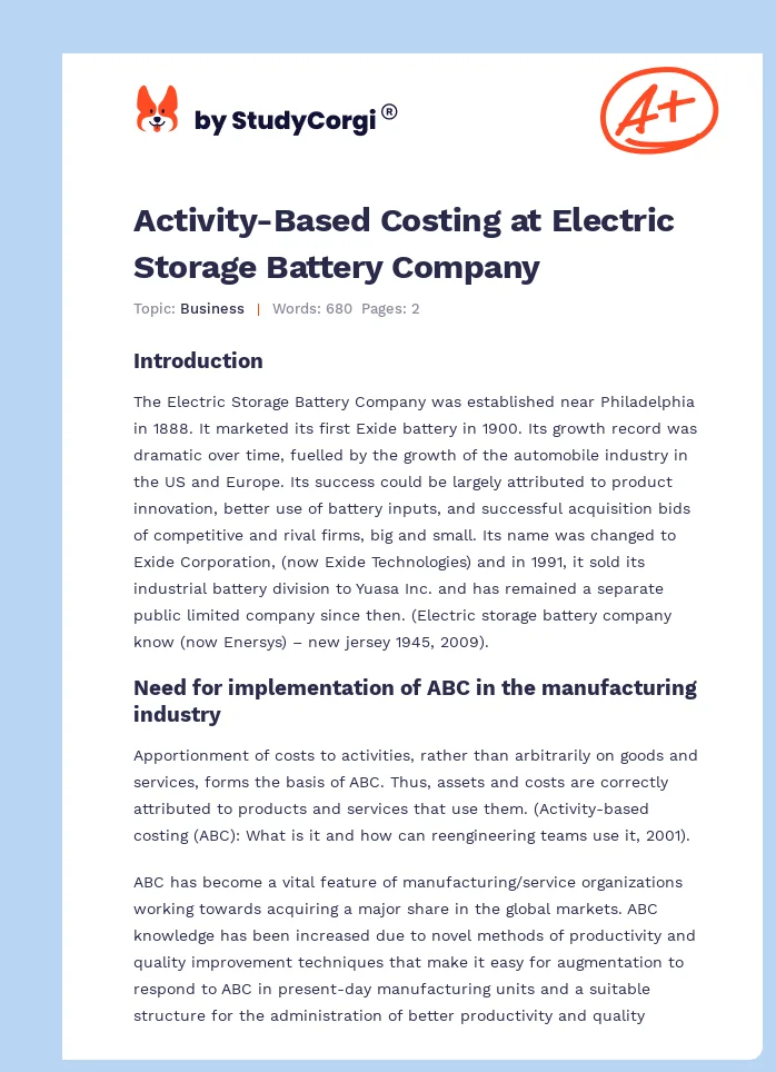 Activity-Based Costing at Electric Storage Battery Company. Page 1
