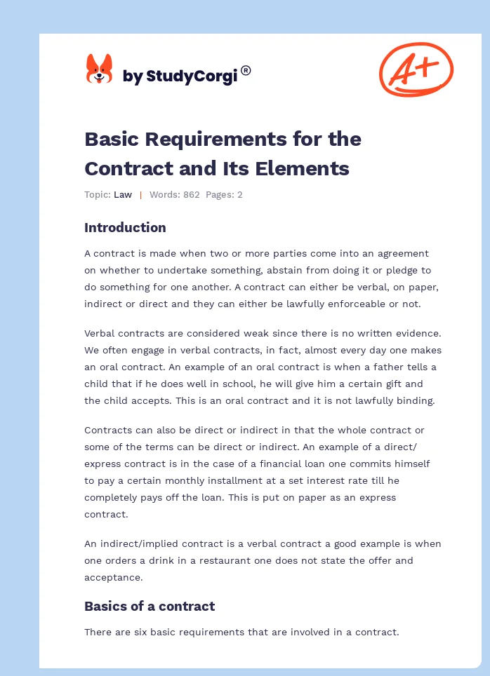 Basic Requirements for the Contract and Its Elements. Page 1
