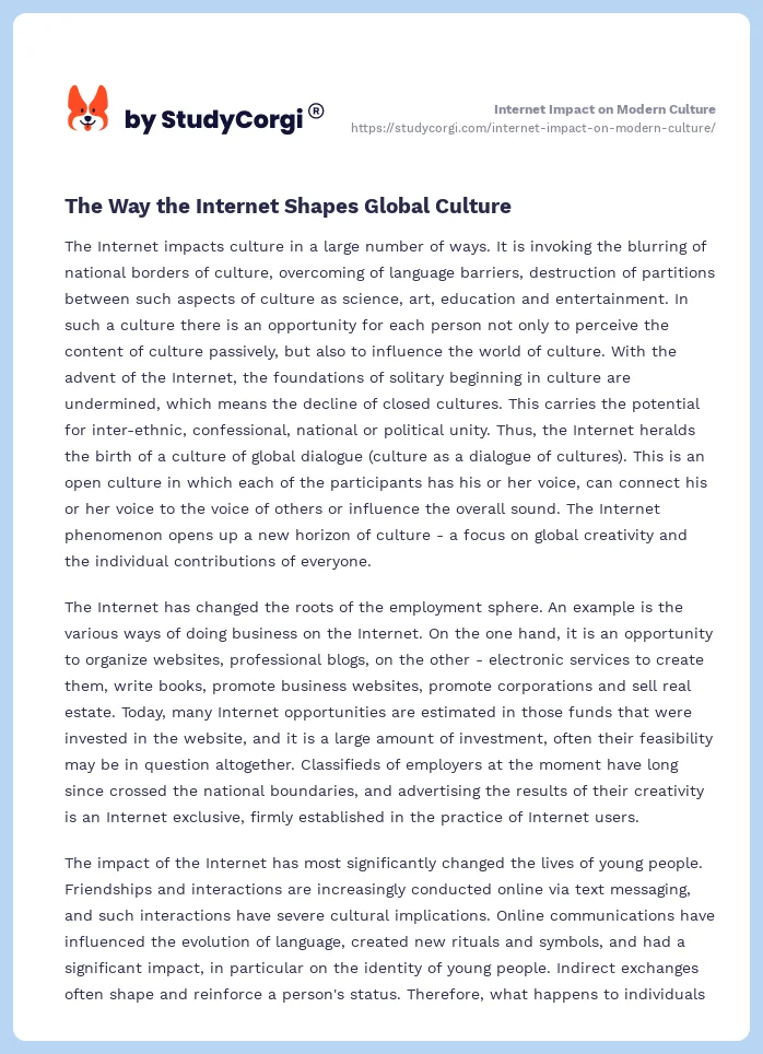 Internet Impact on Modern Culture. Page 2