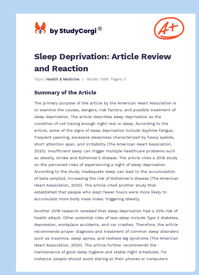Sleep Deprivation: Article Review and Reaction. Page 1