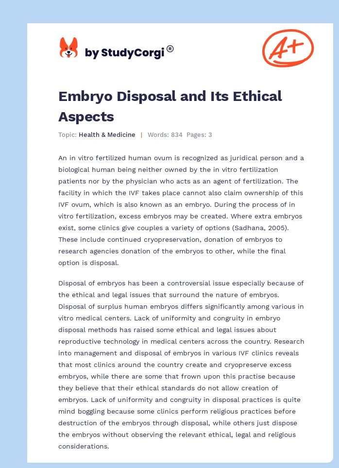 Embryo Disposal and Its Ethical Aspects. Page 1