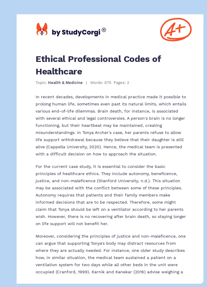 Ethical Professional Codes of Healthcare. Page 1