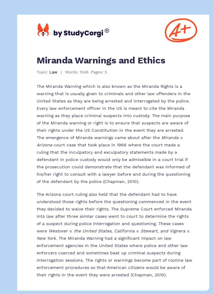 Miranda Warnings and Ethics. Page 1