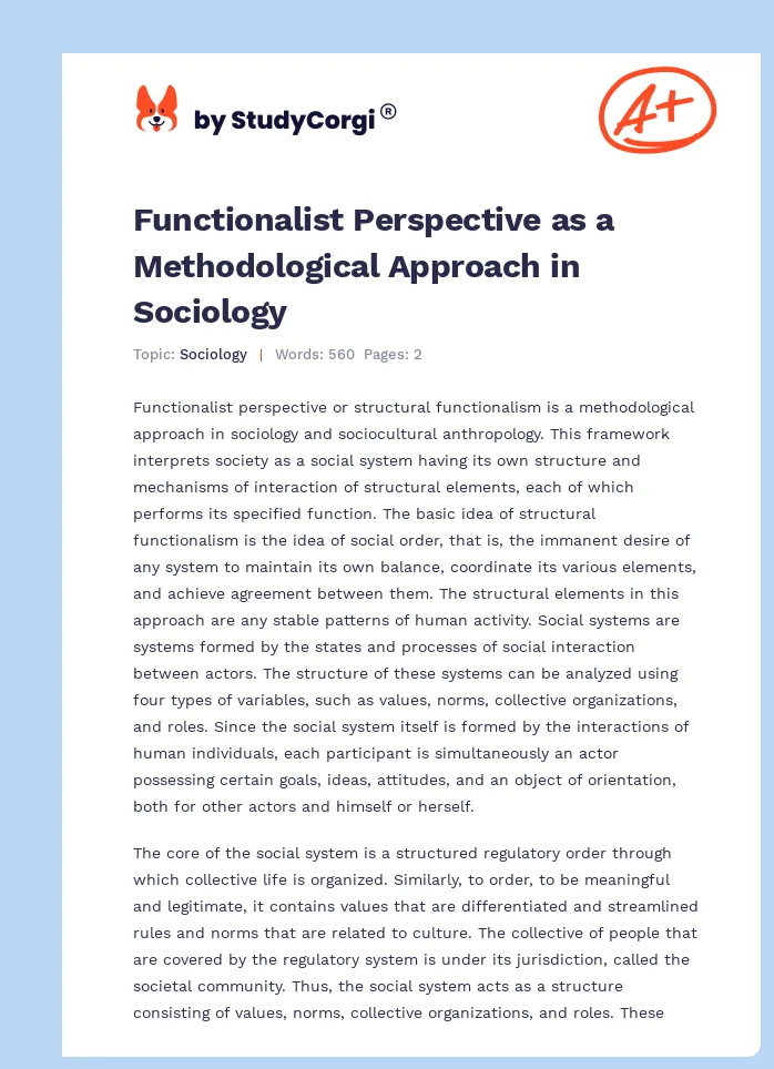 Functionalist Perspective as a Methodological Approach in Sociology. Page 1