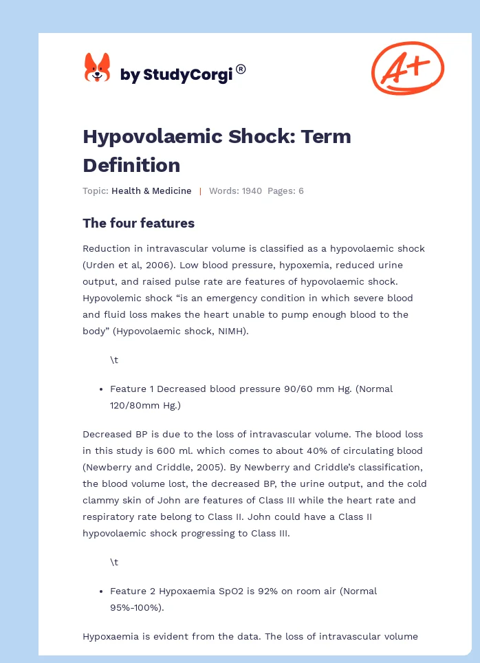 Hypovolaemic Shock: Term Definition. Page 1