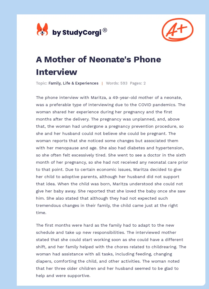 A Mother of Neonate's Phone Interview. Page 1