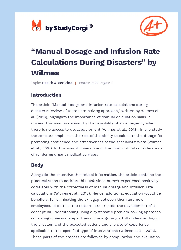 “Manual Dosage and Infusion Rate Calculations During Disasters” by Wilmes. Page 1