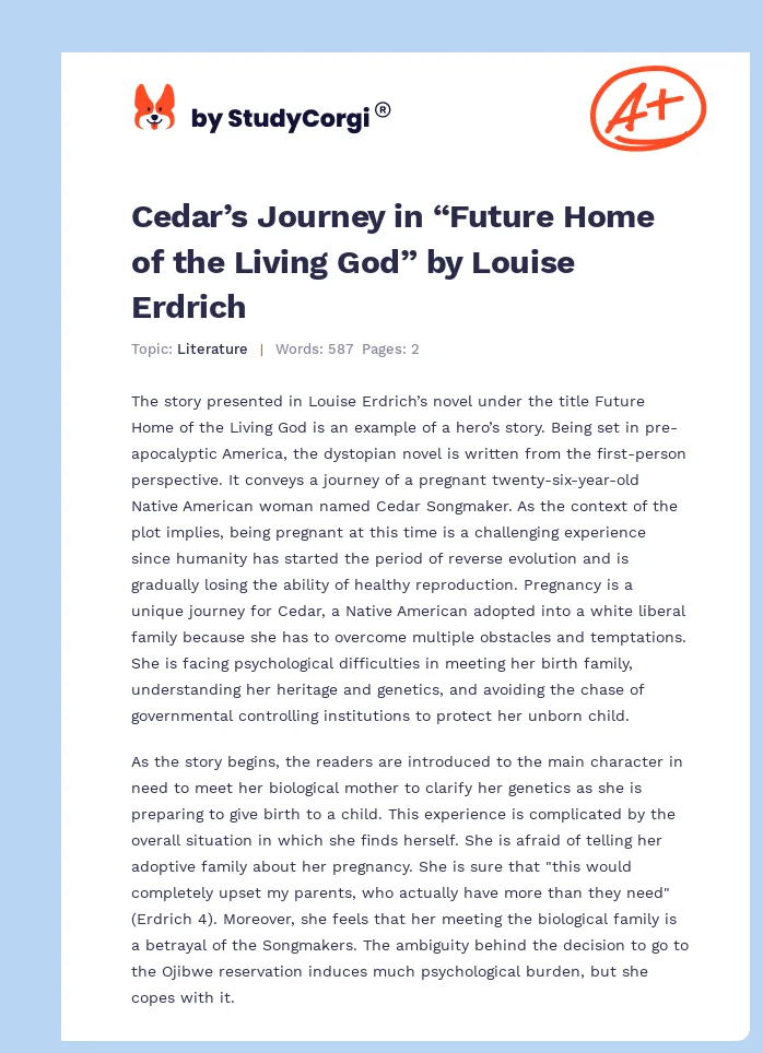 Cedar’s Journey in “Future Home of the Living God” by Louise Erdrich. Page 1