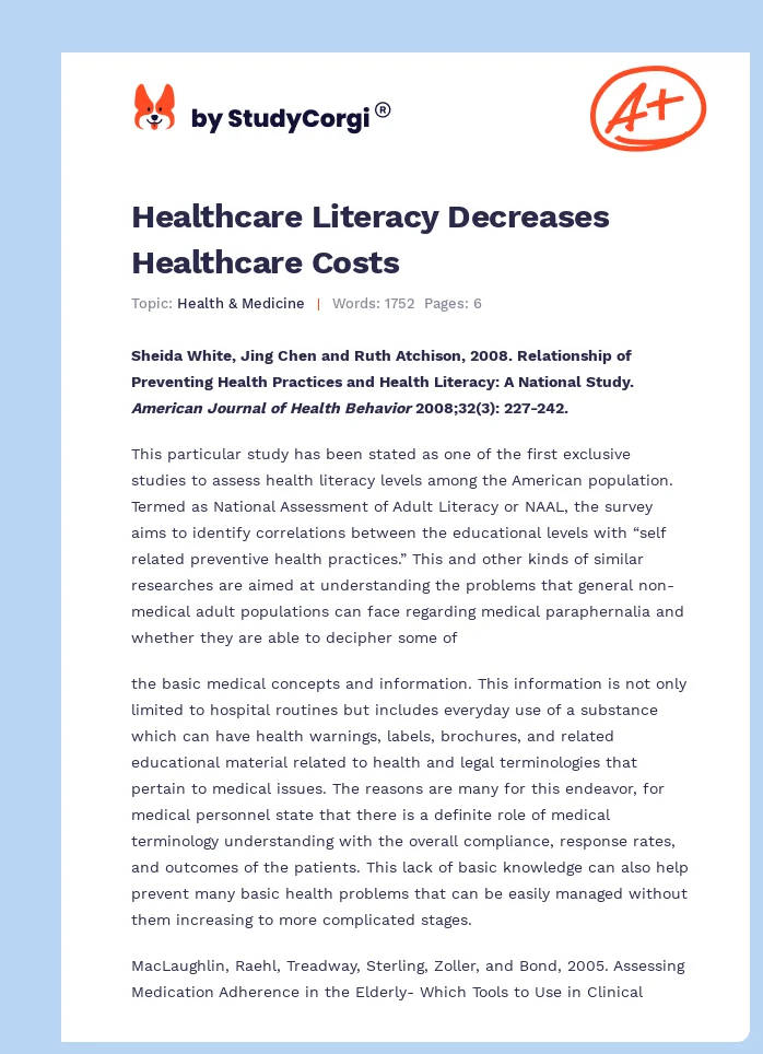 Healthcare Literacy Decreases Healthcare Costs. Page 1
