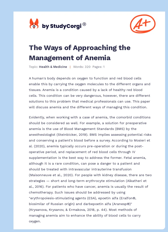 The Ways of Approaching the Management of Anemia. Page 1