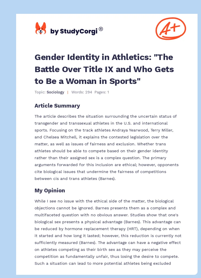 Gender Identity in Athletics: "The Battle Over Title IX and Who Gets to Be a Woman in Sports". Page 1