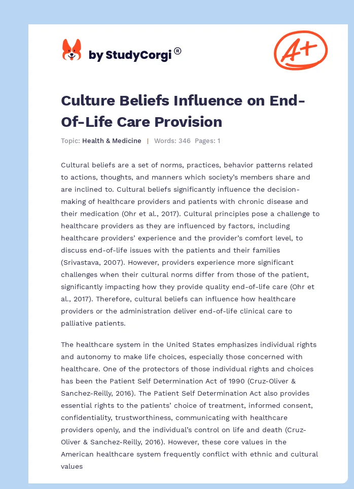 Culture Beliefs Influence on End-Of-Life Care Provision. Page 1