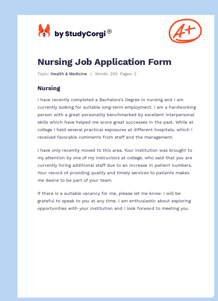 Nursing Job Application Form. Page 1