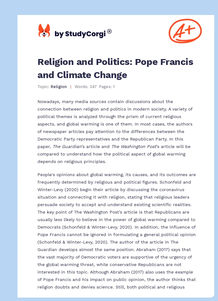 Religion and Politics: Pope Francis and Climate Change. Page 1