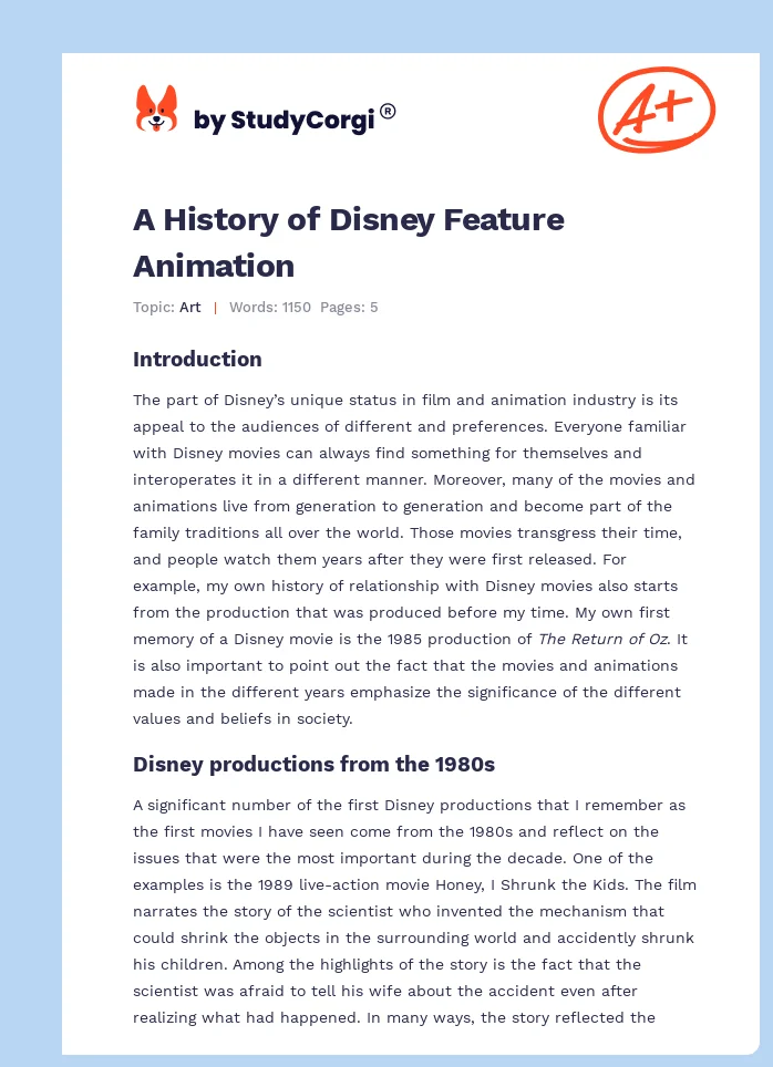 A History of Disney Feature Animation. Page 1