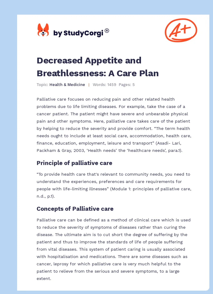 Decreased Appetite and Breathlessness: A Care Plan. Page 1
